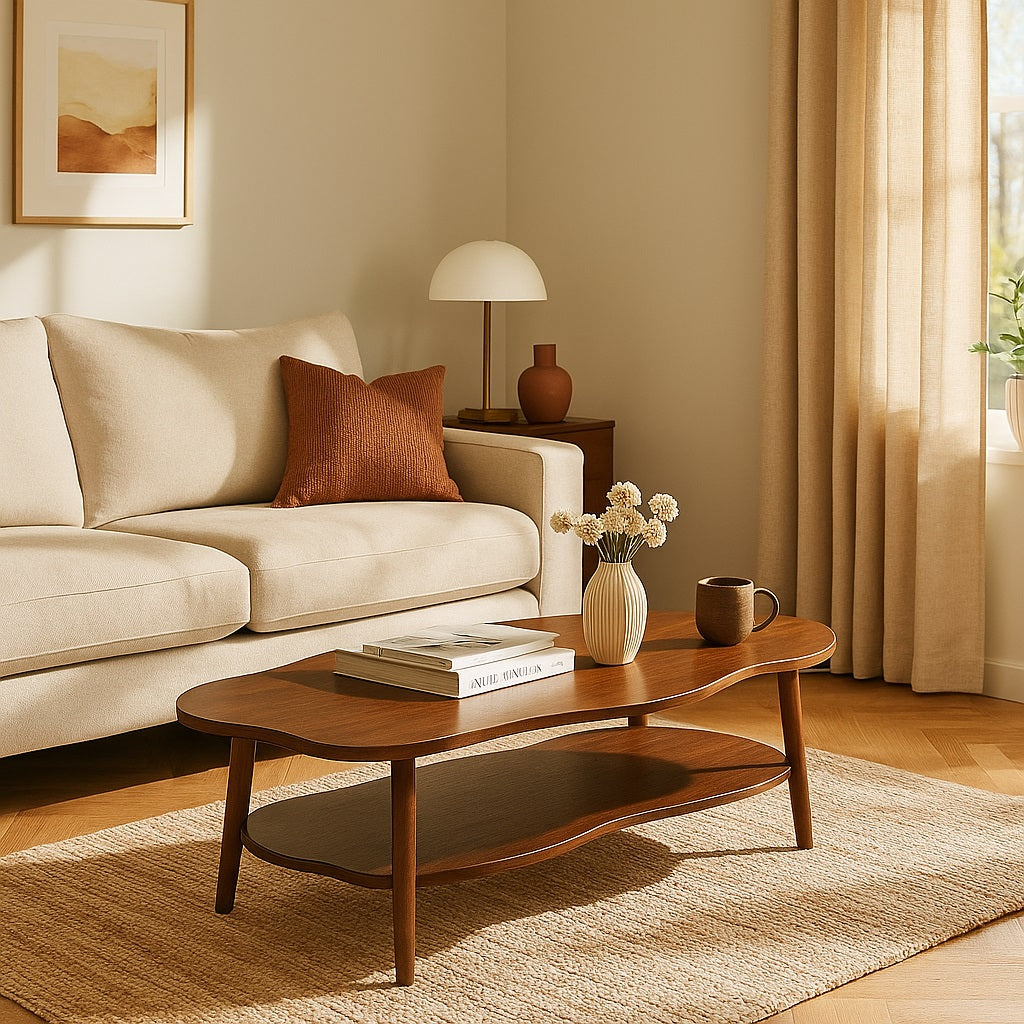 Table basse en bois noyer Ondra dans salon chaleureux, décoration beige et accents terre cuite.