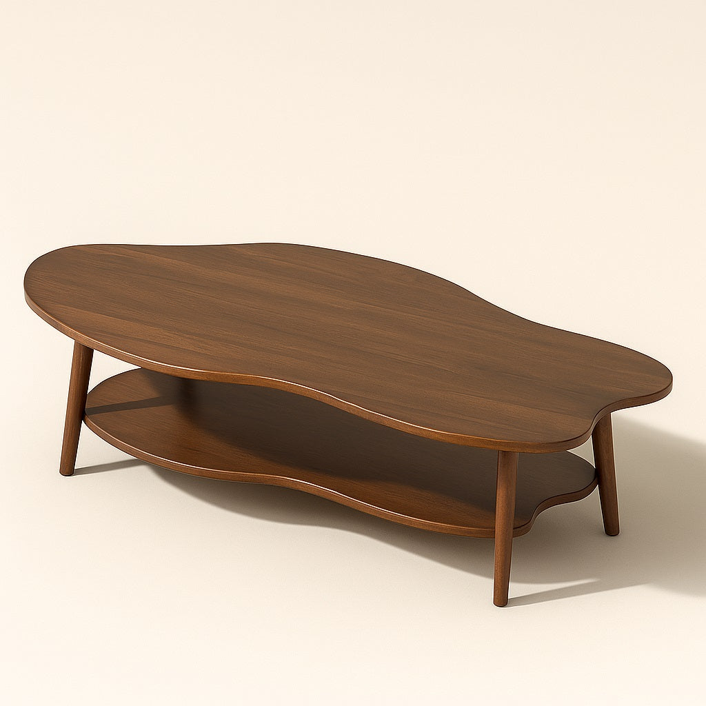 Table basse en bois noyer Ondra au design naturel et organique, plateau ondulé et double niveau.