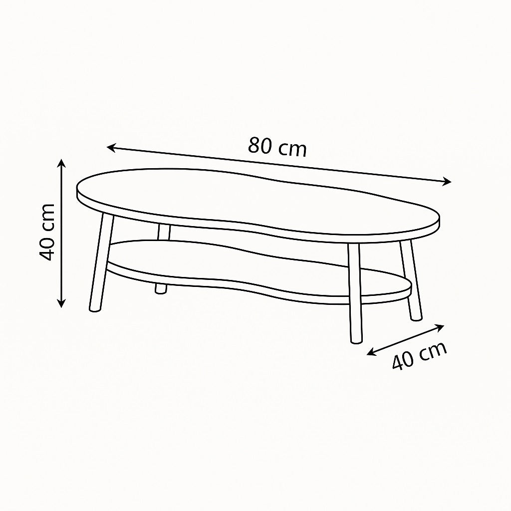 Dimensions de la table basse en bois Ondra, design organique 80x40 cm avec double plateau.