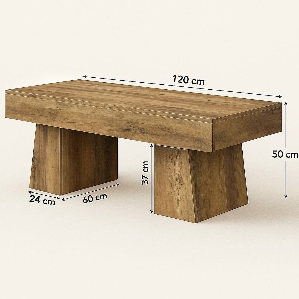 Table basse en bois contemporaine vue en angle, table basse de salon robuste et élégante.