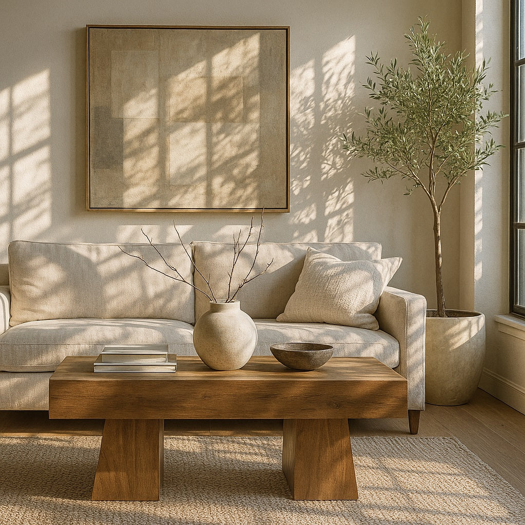 Détail du plateau de la table basse en bois, finition lisse et élégante pour salon moderne.