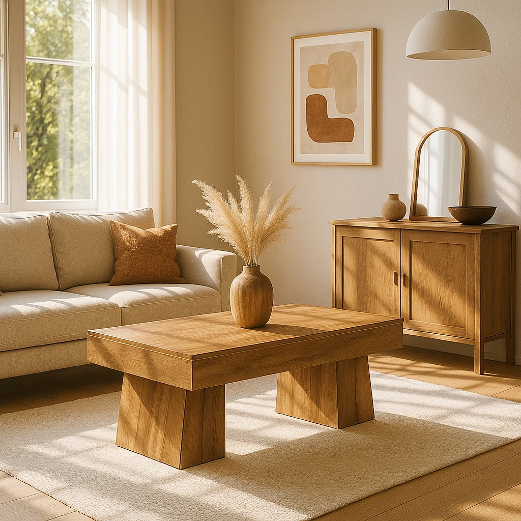 Table basse en bois contemporaine vue en angle, table basse de salon robuste et élégante.