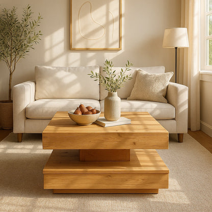 Table basse en bois clair dans salon beige, ambiance naturelle et douce avec lumière du jour.