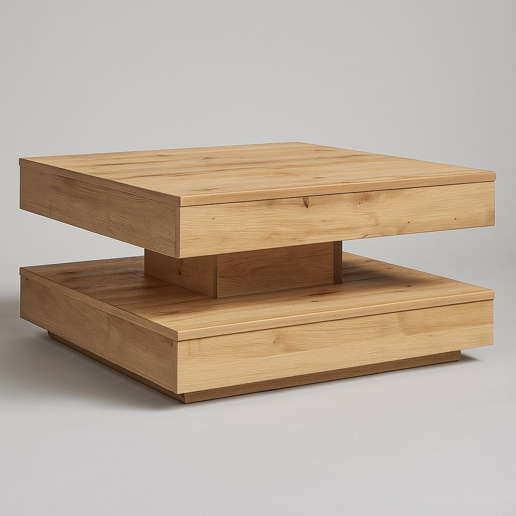 Table basse en bois clair à double plateau, design équilibré pour salon lumineux et naturel.