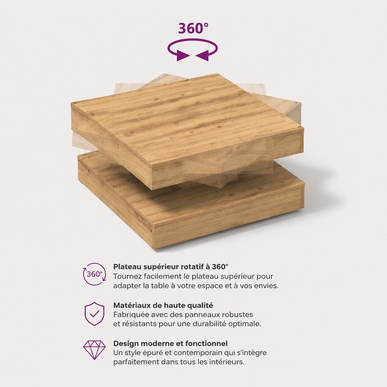 Table basse rotative 360° en bois chêne avec plateau pivotant et design contemporain