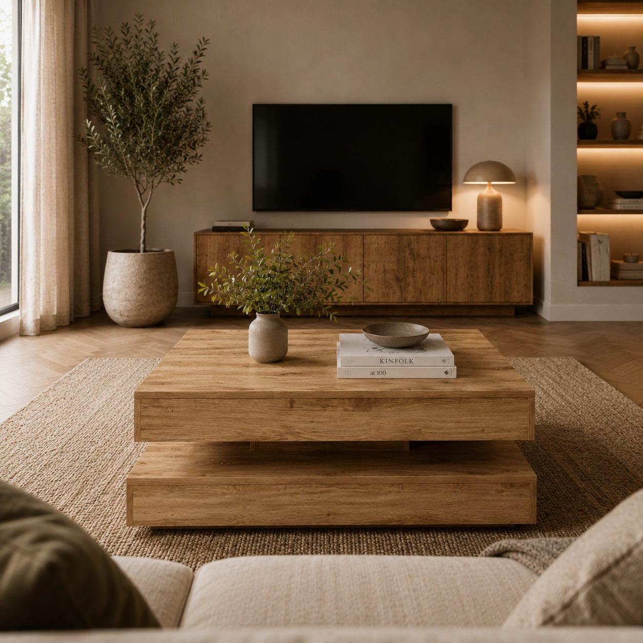 Table basse carrée en bois effet chêne devant meuble TV dans salon contemporain lumineux