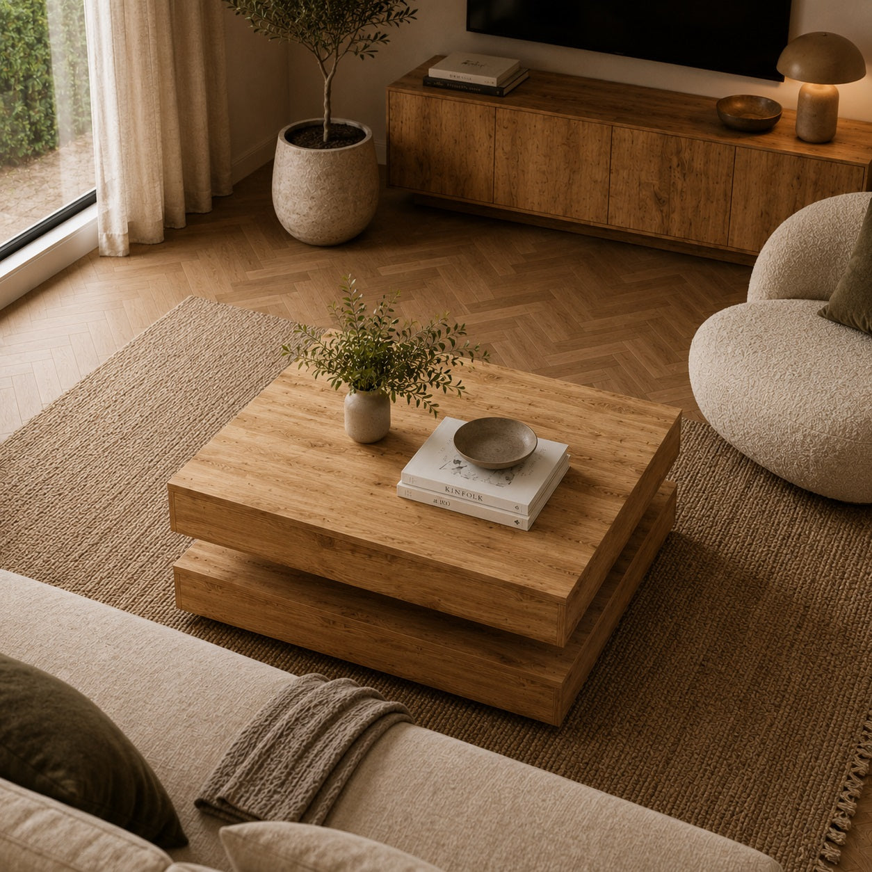 Vue plongeante sur table basse en bois chêne dans intérieur moderne aux tons naturels