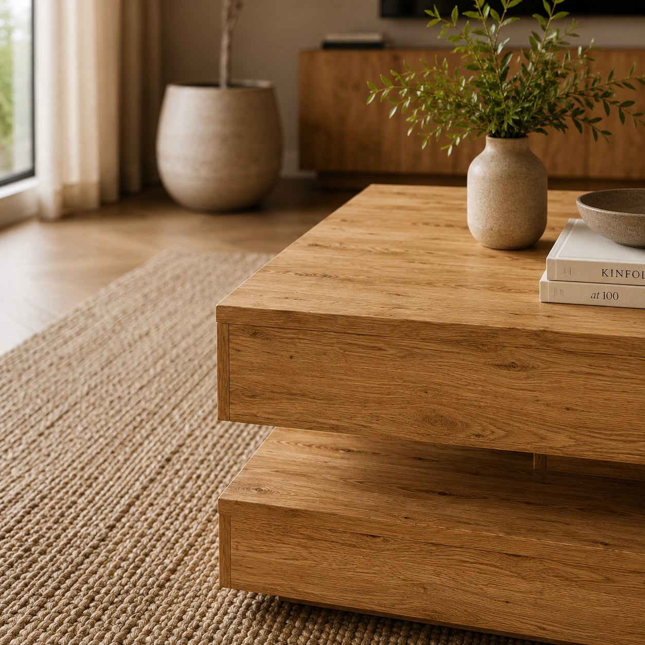 Zoom sur table basse moderne en bois effet chêne avec finition texturée et décoration épurée