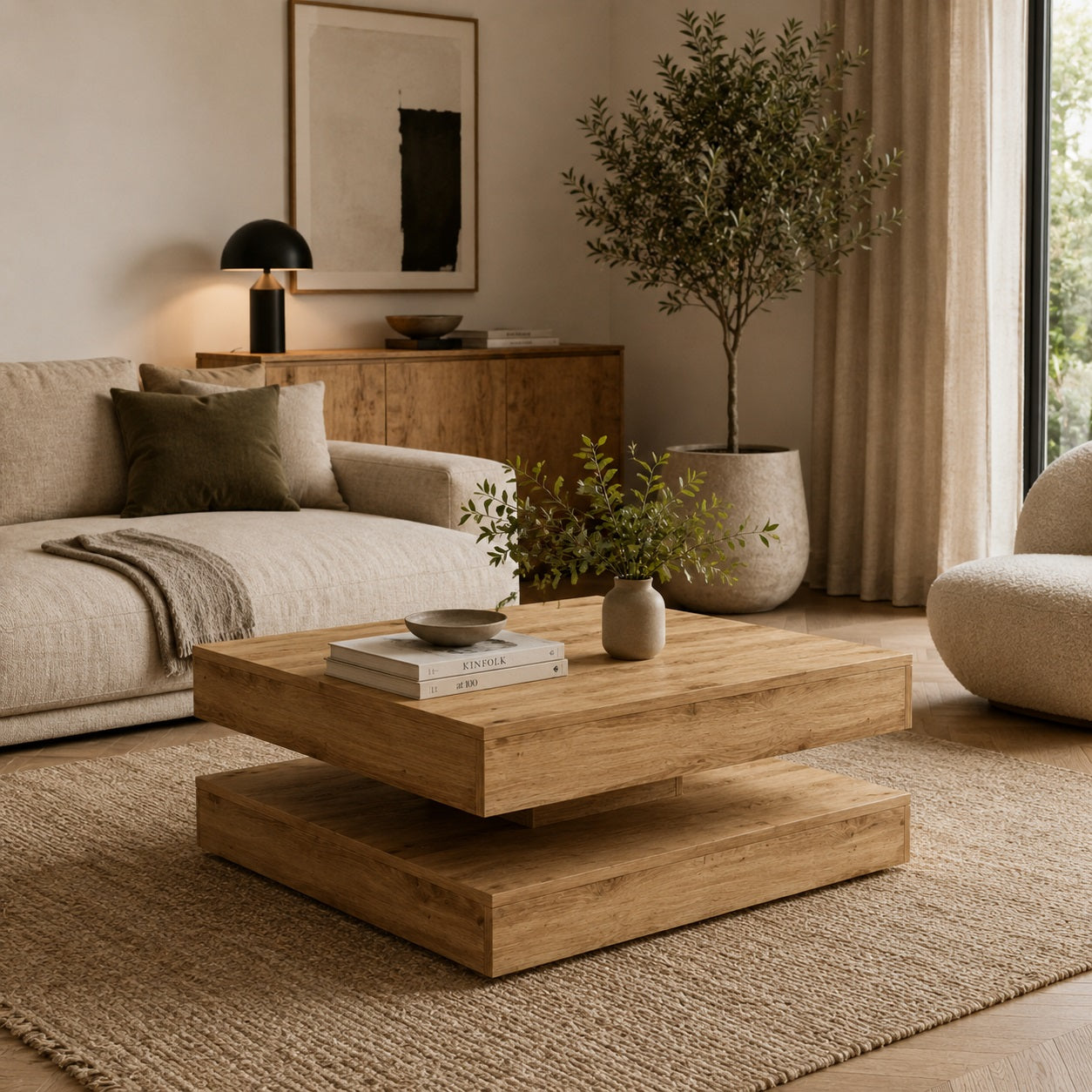 Table basse en bois chêne dans salon moderne beige avec décoration naturelle et ambiance chaleureuse