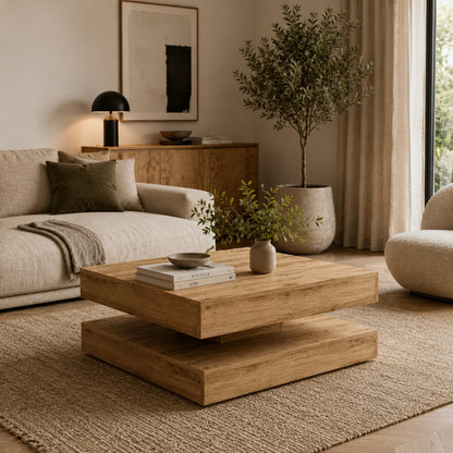 Table basse en bois chêne dans salon moderne beige avec décoration naturelle et ambiance chaleureuse