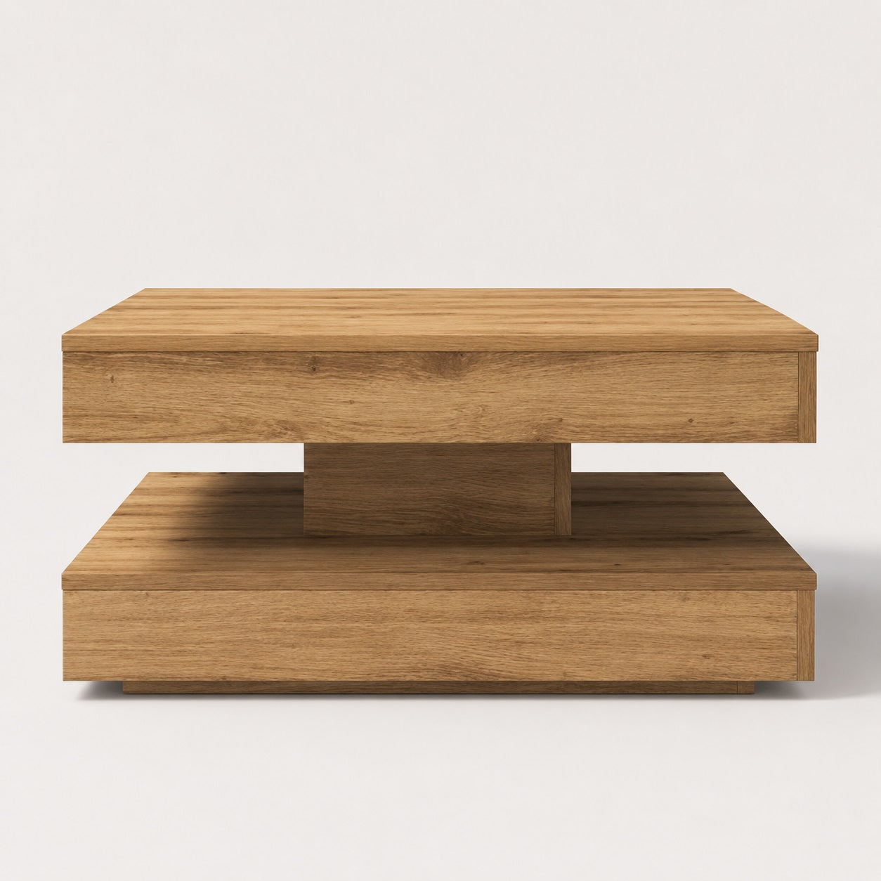 Vue de face table basse carrée en bois chêne avec double plateau minimaliste moderne