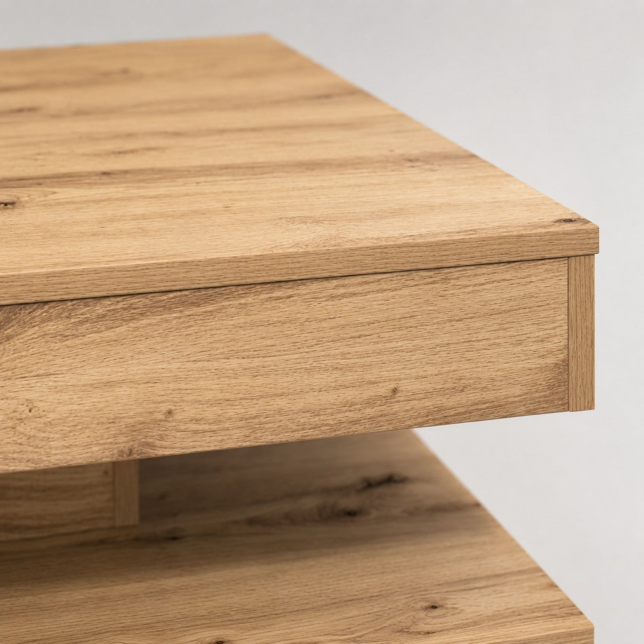 Détail finition bois effet chêne de table basse moderne avec texture naturelle réaliste