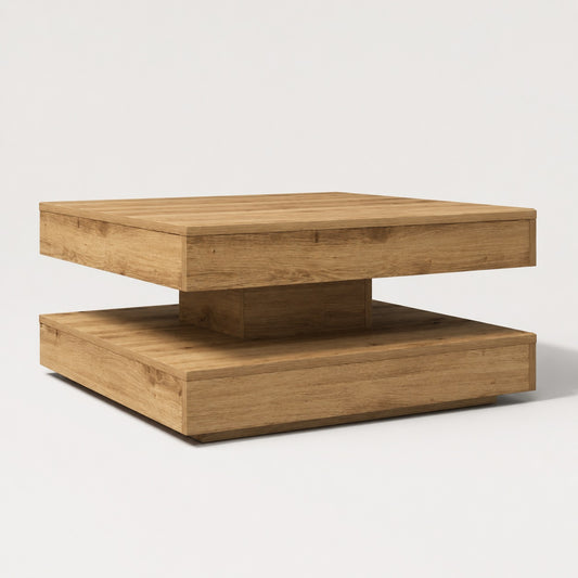 Table basse carrée en bois effet chêne avec double plateau moderne sur fond blanc studio