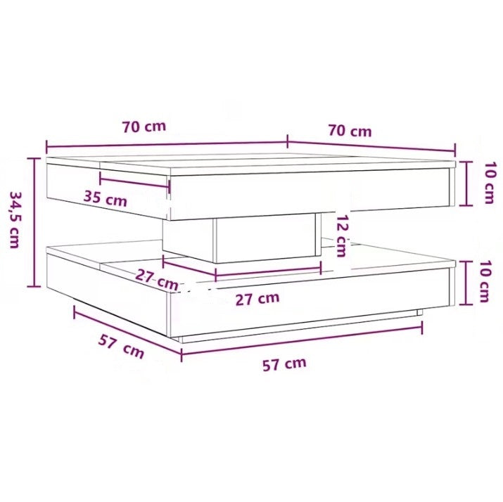 Dimensions détaillées d’une table basse en bois carrée design pour salon contemporain.