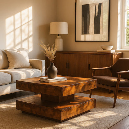 Table basse de salon en bois rustique, ambiance chaleureuse et lumineuse avec mobilier naturel.