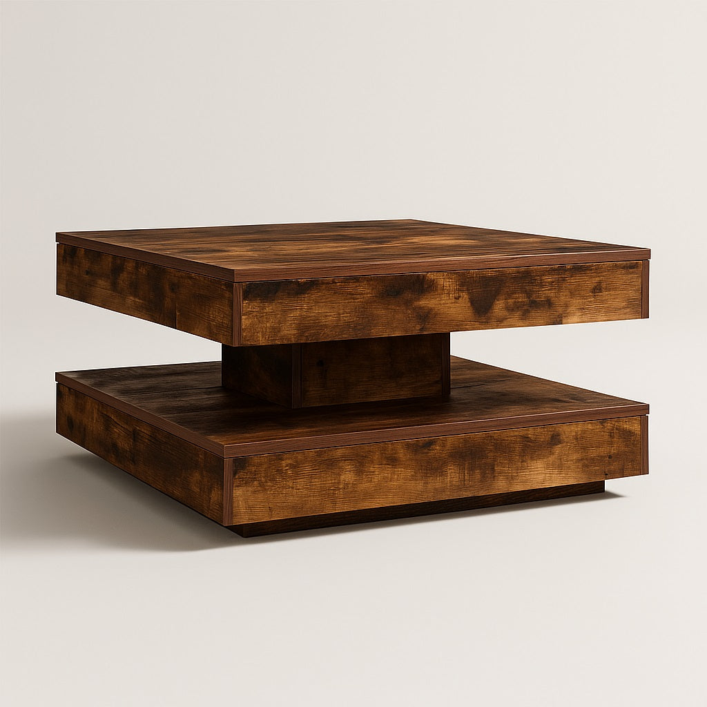 Table basse en bois rustique massif, design carré robuste pour un salon au charme naturel.