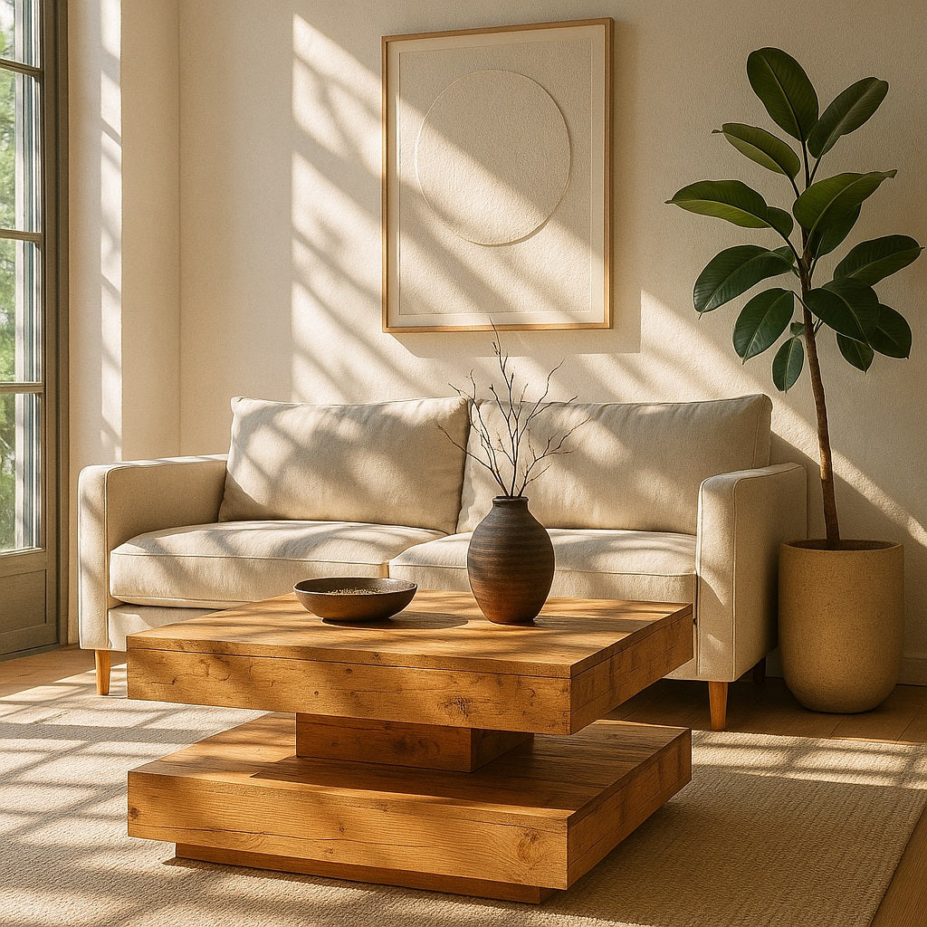 Table basse en bois design dans salon moderne, lumière naturelle et décoration minimaliste.