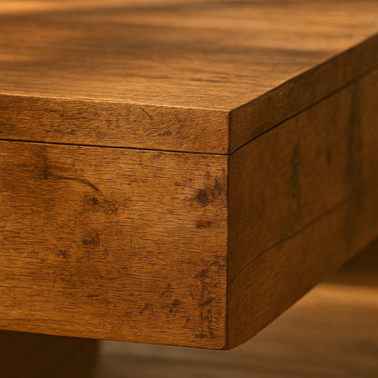 Détail de la texture d’une table basse en bois massif, finition naturelle et authentique.