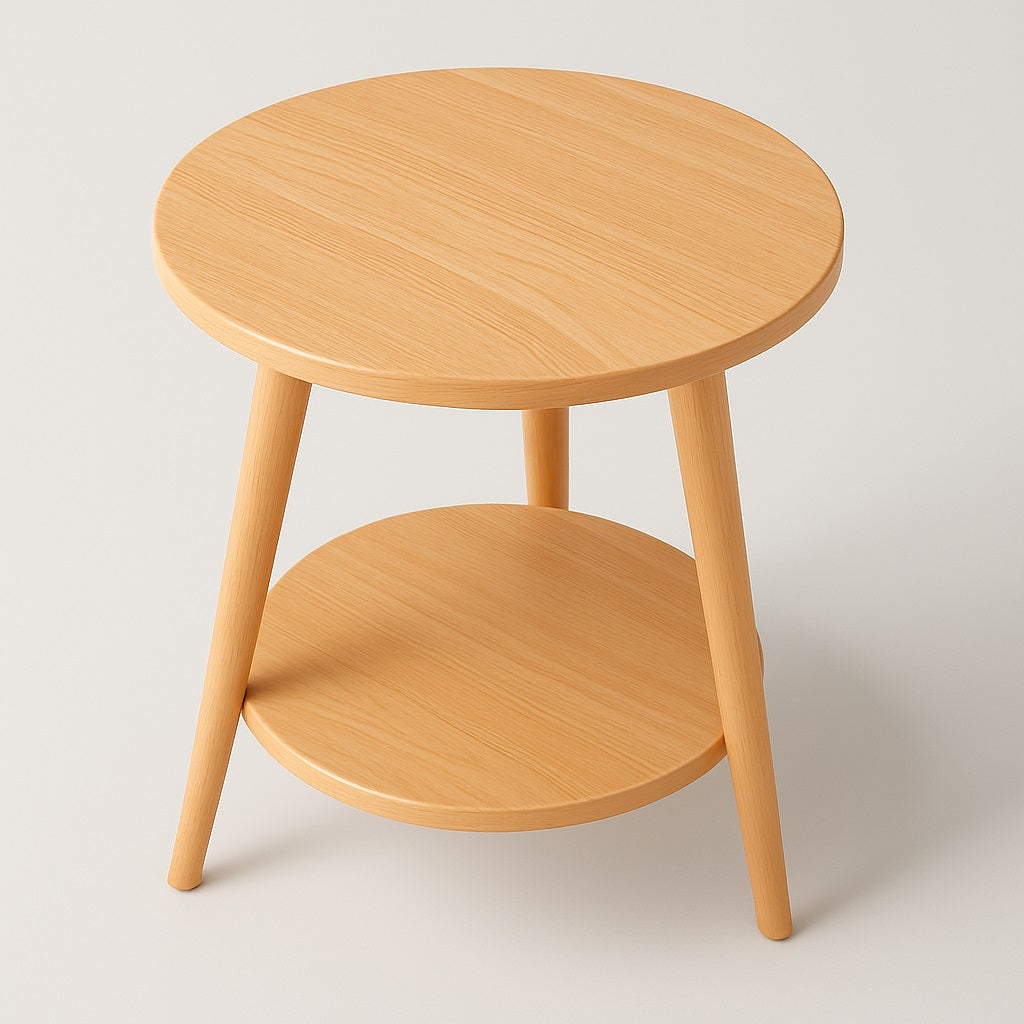 Table basse ronde en bois vue de dessus, style scandinave chaleureux, idéale comme table basse en bois compacte.