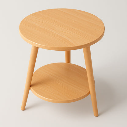 Table basse ronde en bois vue de dessus, style scandinave chaleureux, idéale comme table basse en bois compacte.