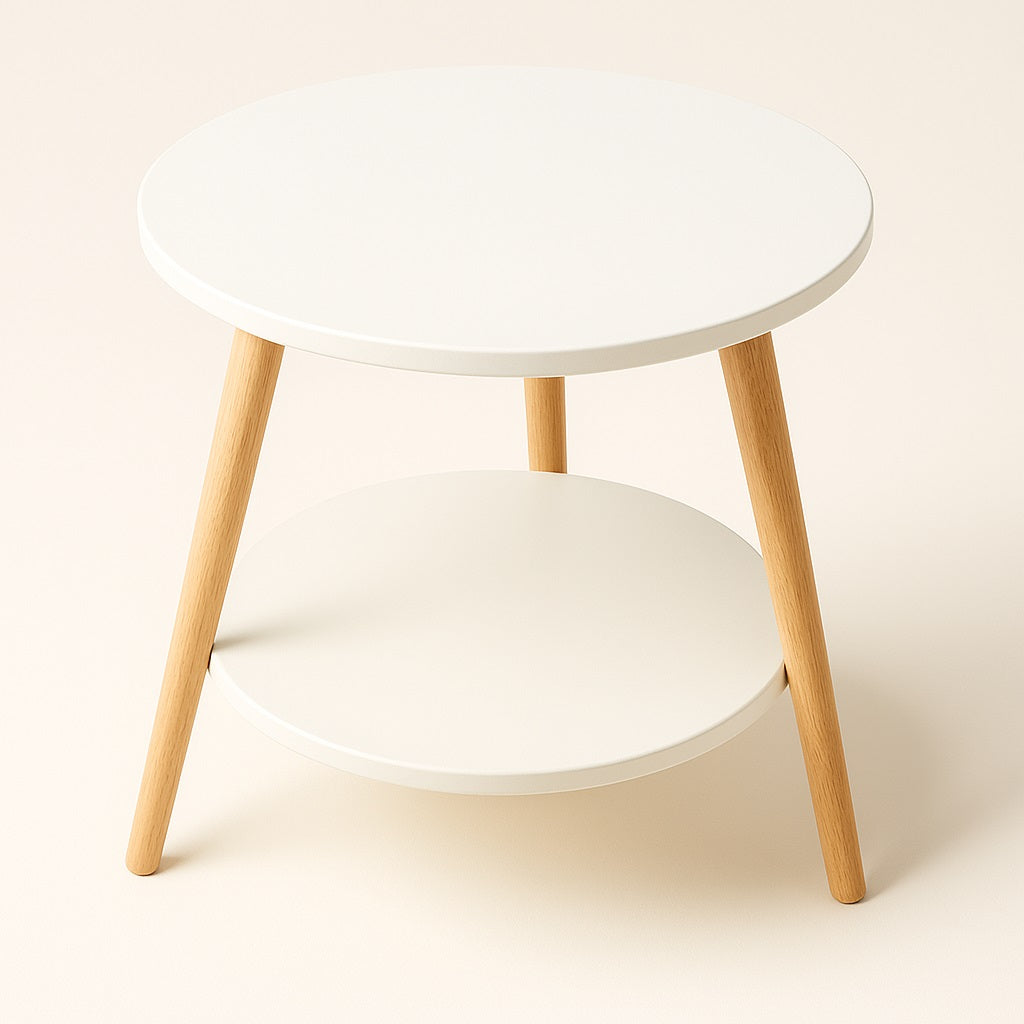 Table basse ronde blanche vue de dessus, pieds en bois naturel, table basse en bois au style moderne et lumineux.