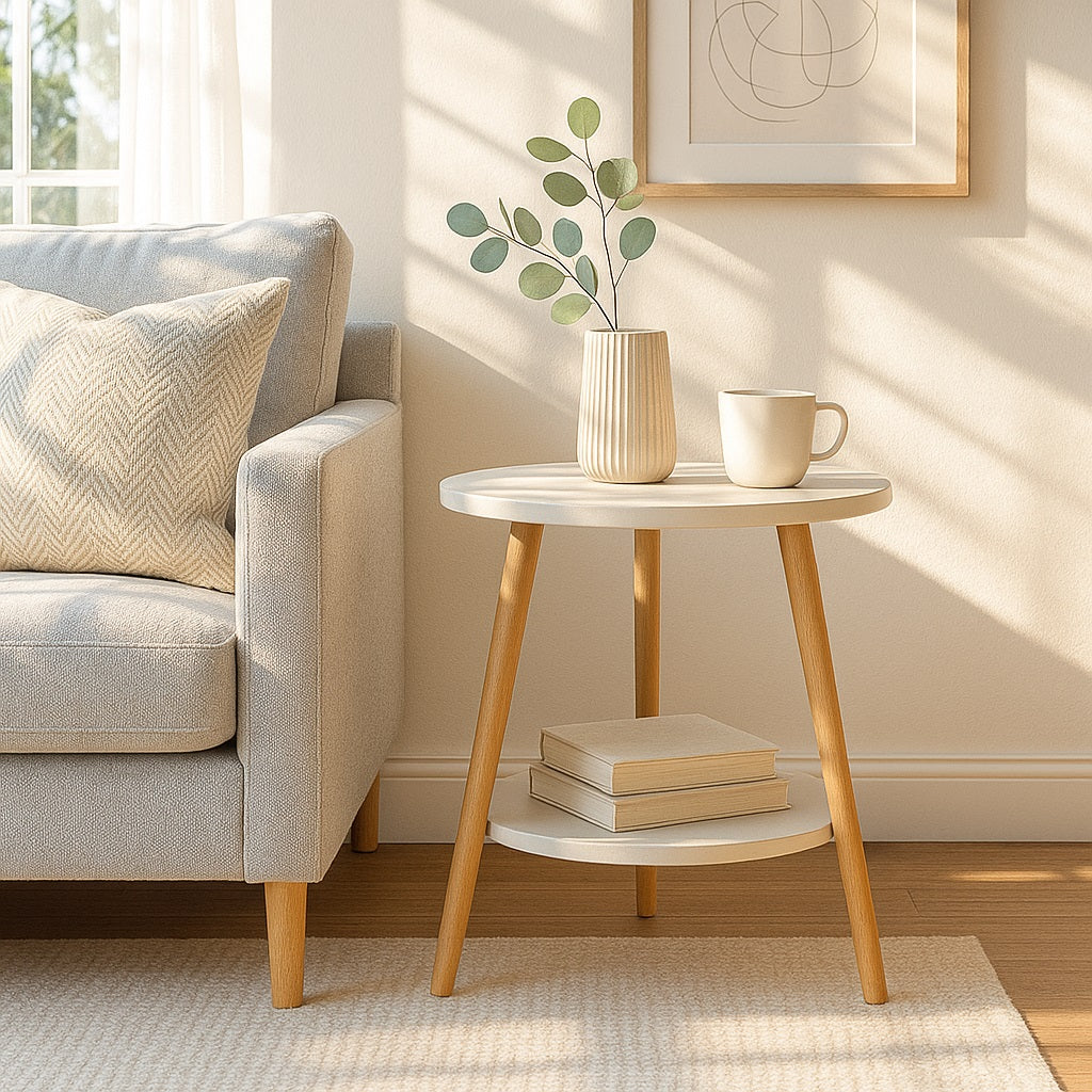 Table basse ronde blanche et bois dans un salon lumineux, parfaite comme table basse en bois au style scandinave.