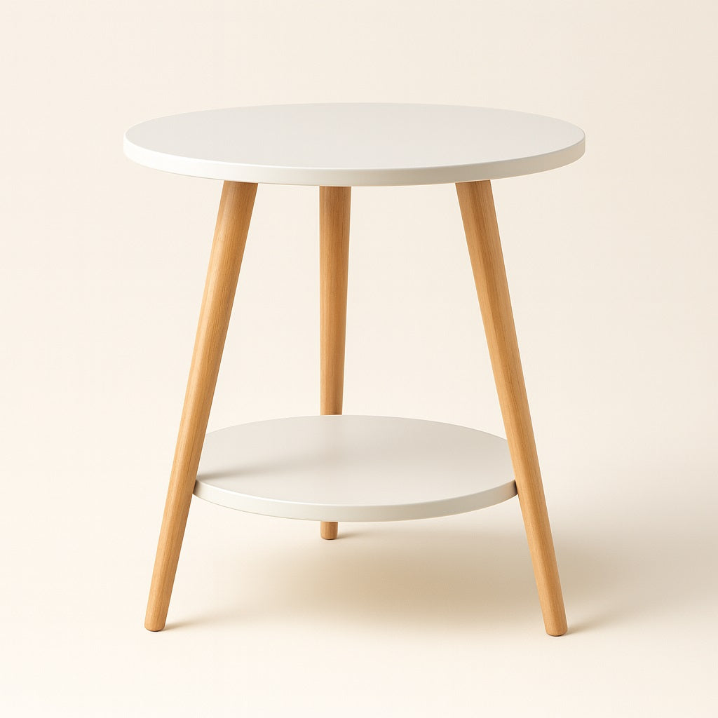 Table basse ronde blanche avec pieds en bois, design nordique épuré, alternative élégante à la table basse en bois.