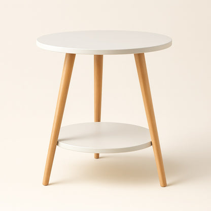 Table basse ronde blanche avec pieds en bois, design nordique épuré, alternative élégante à la table basse en bois.