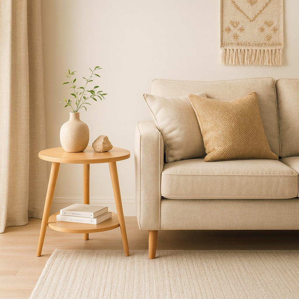 Table basse ronde en bois dans un salon beige chaleureux, design naturel et moderne pour une table basse en bois décorative.