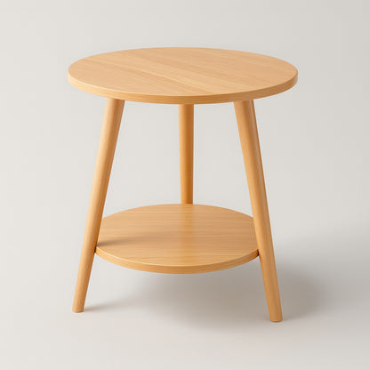Table basse ronde en bois clair avec étagère, design minimaliste et moderne, parfaite comme table basse en bois pour salon.