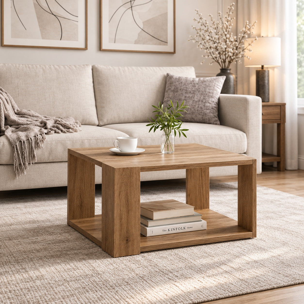 Table basse en bois installée dans un salon lumineux, vue avec angle