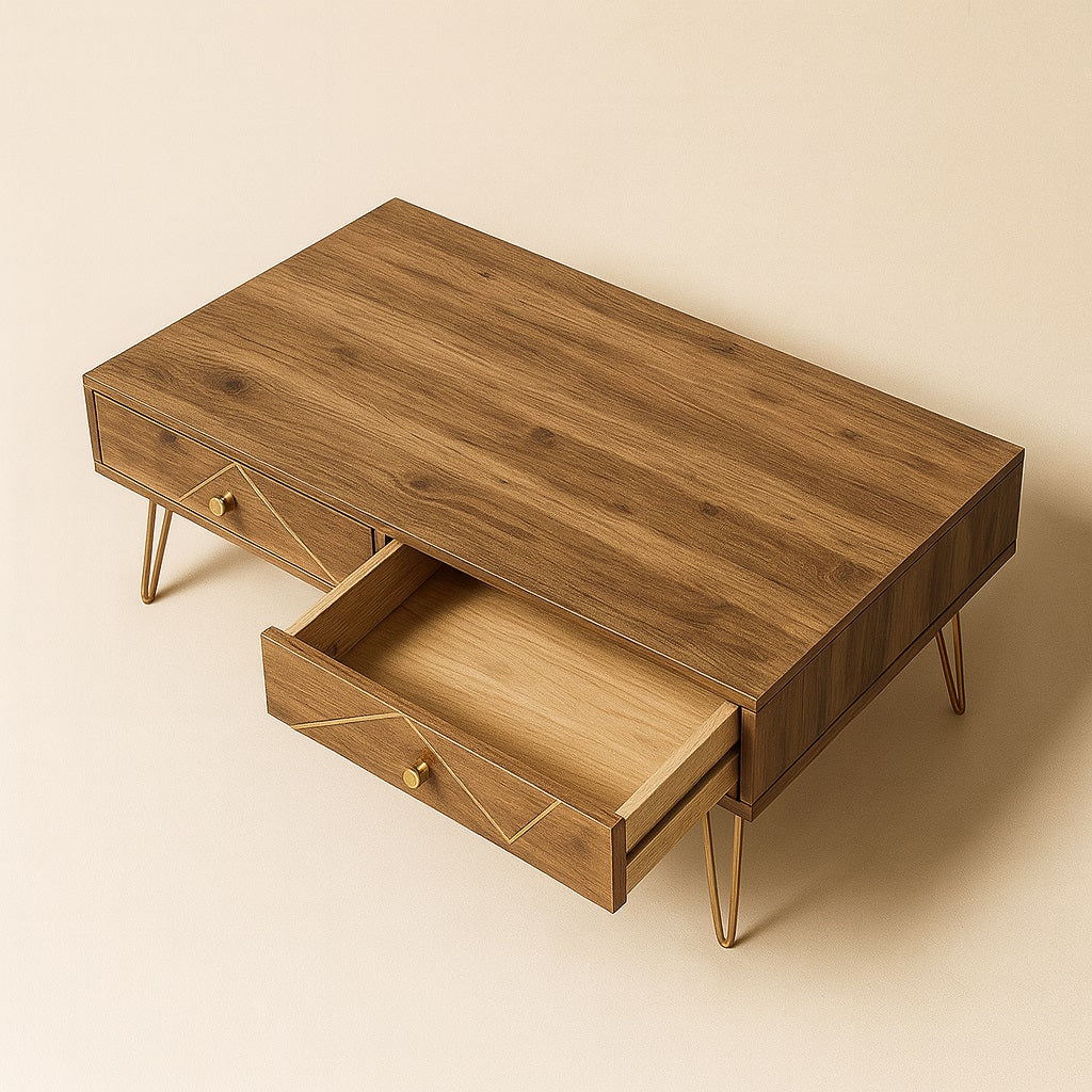 Table basse design en bois avec tiroir ouvert et pieds dorés, meuble moderne et fonctionnel pour salon.