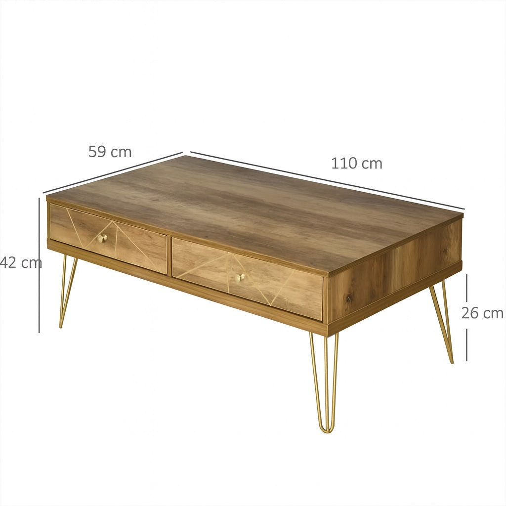 Dimensions d’une table basse design en bois 110×59 cm, hauteur 42 cm avec pieds métal doré.