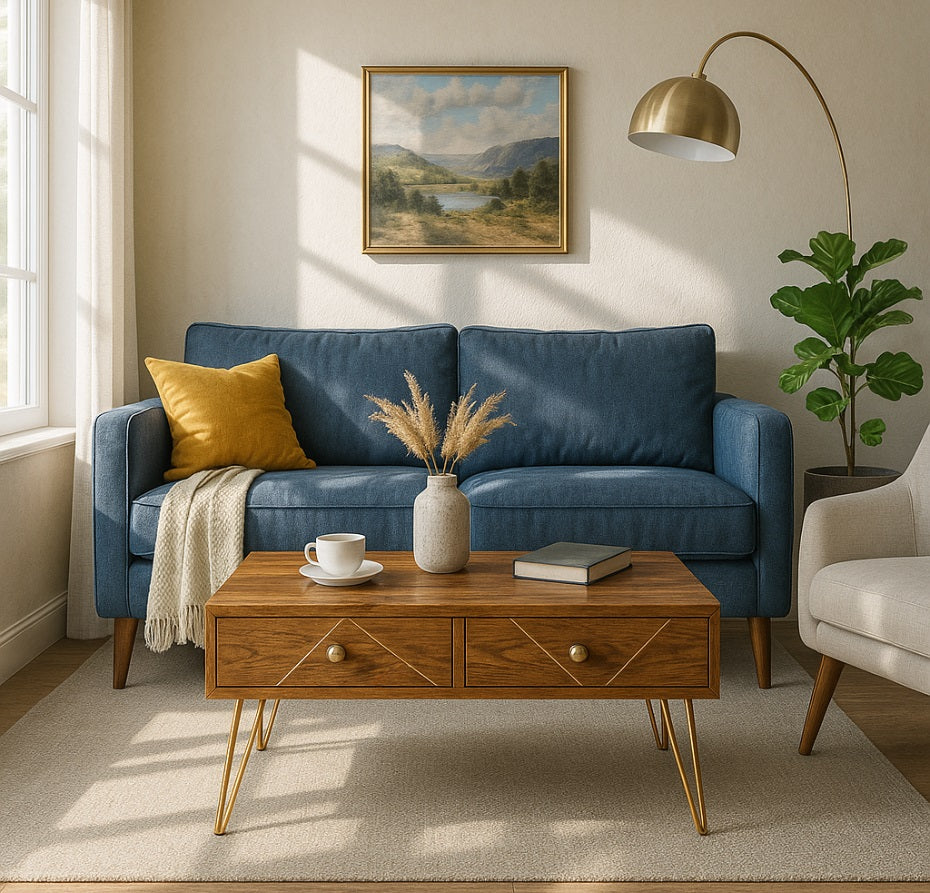Table basse design en bois avec pieds dorés, intégrée dans un salon cosy et contemporain.