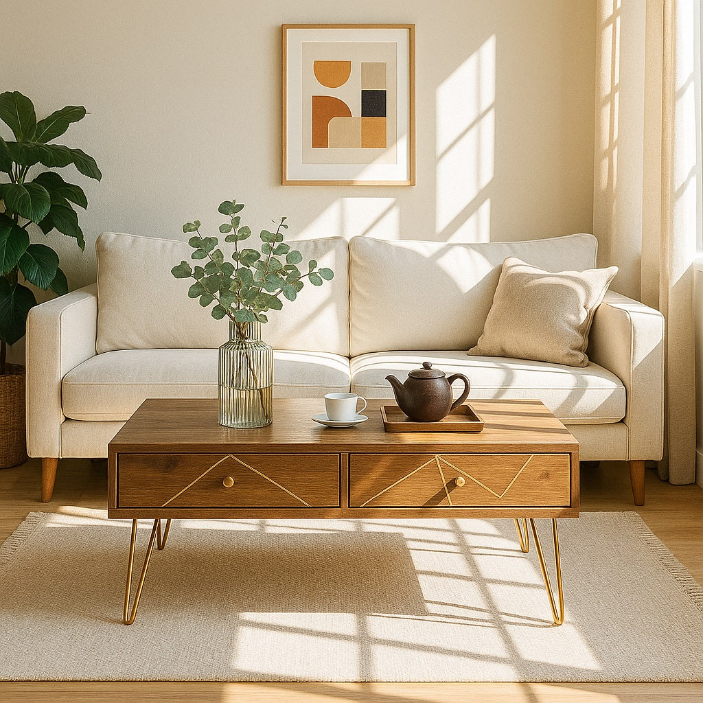 Table basse design en bois dans un salon lumineux, style moderne chaleureux et élégant.