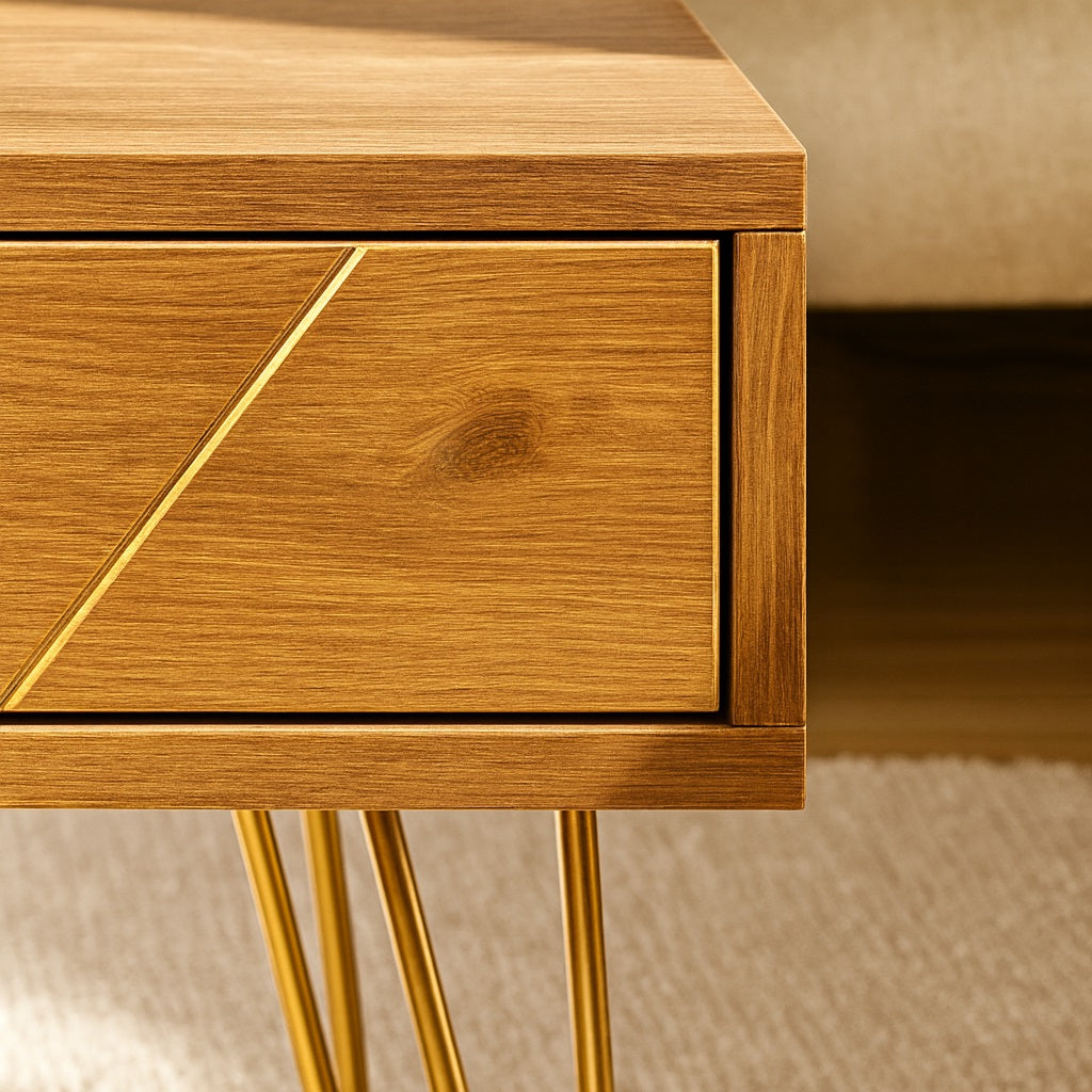 Détail du tiroir d’une table basse design en bois, finition géométrique et texture naturelle.