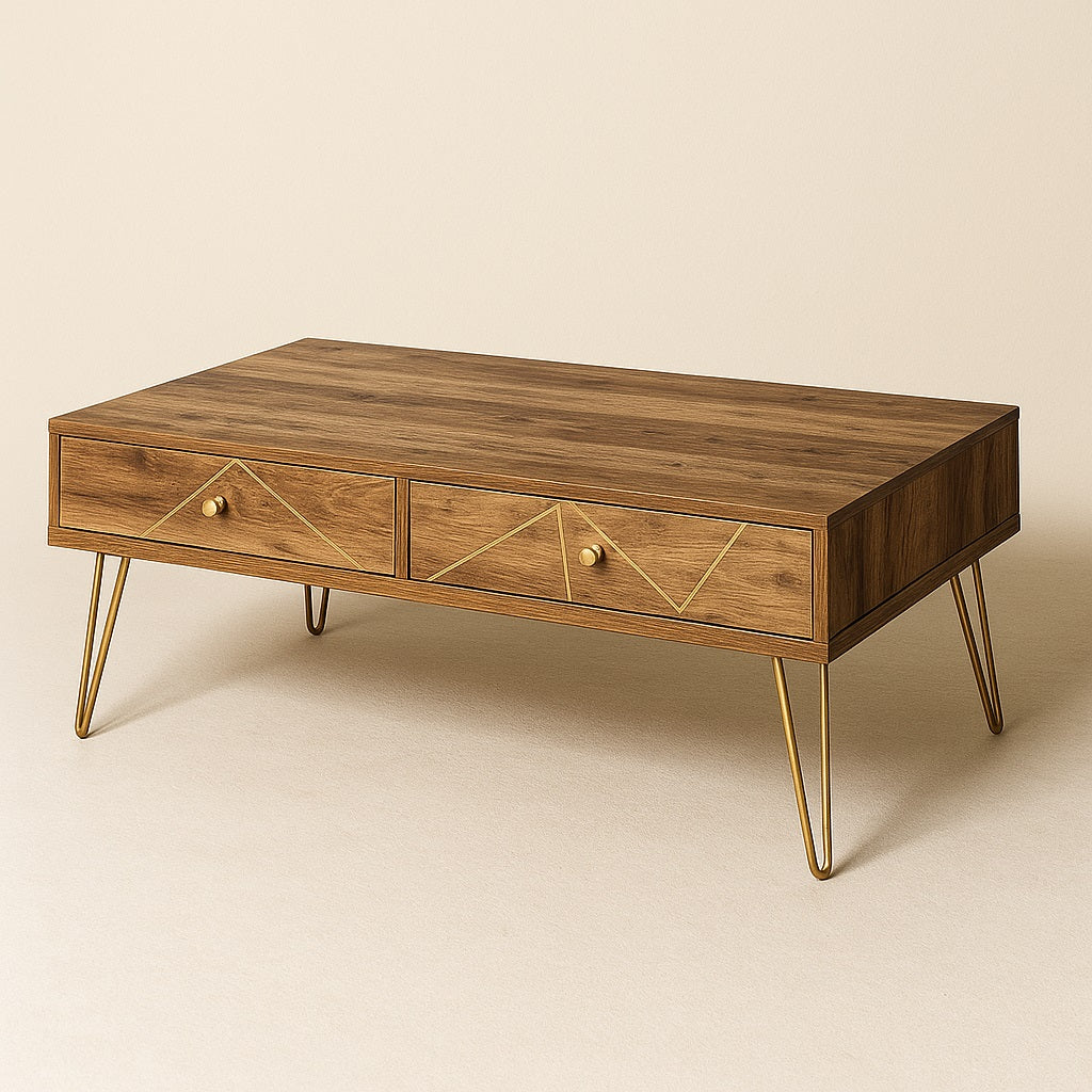 Table basse design en bois avec pieds dorés, tiroirs géométriques et finition élégante pour salon moderne.