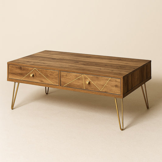 Table basse design en bois avec pieds dorés, tiroirs géométriques et finition élégante pour salon moderne.