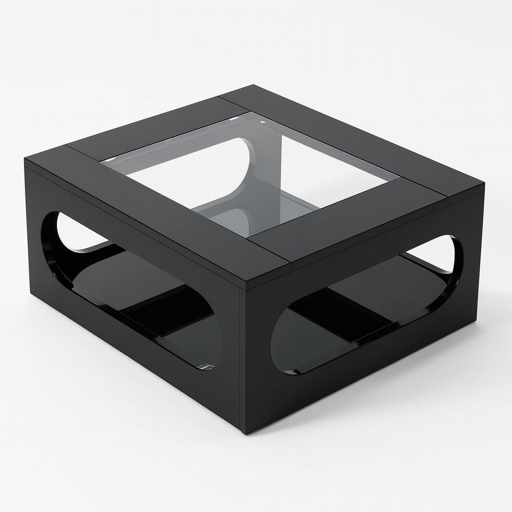 Table basse design noire vue en angle, avec plateau en verre et lignes géométriques contemporaines.