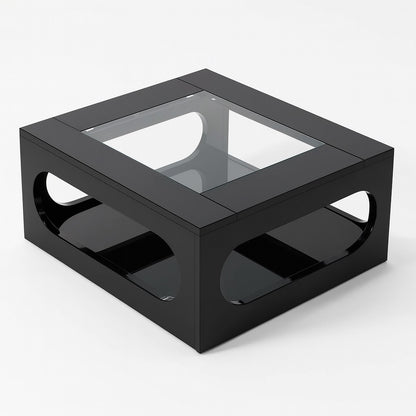 Table basse design noire vue en angle, avec plateau en verre et lignes géométriques contemporaines.