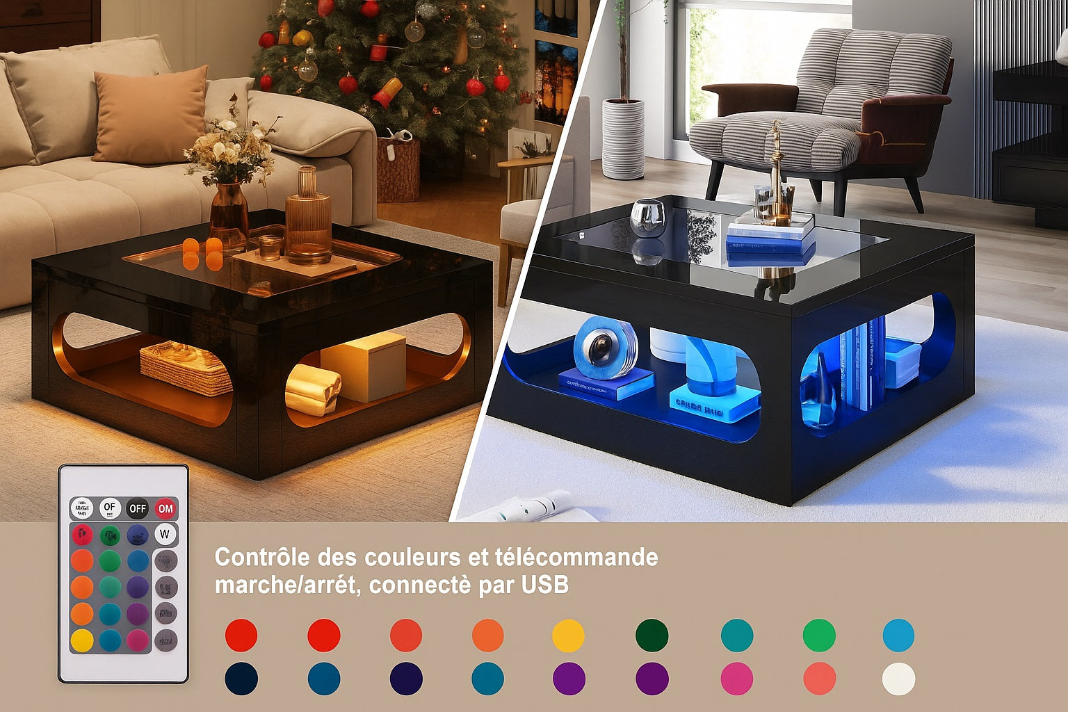 Table basse noire design avec éclairage LED multicolore et télécommande, ambiance lumineuse moderne.