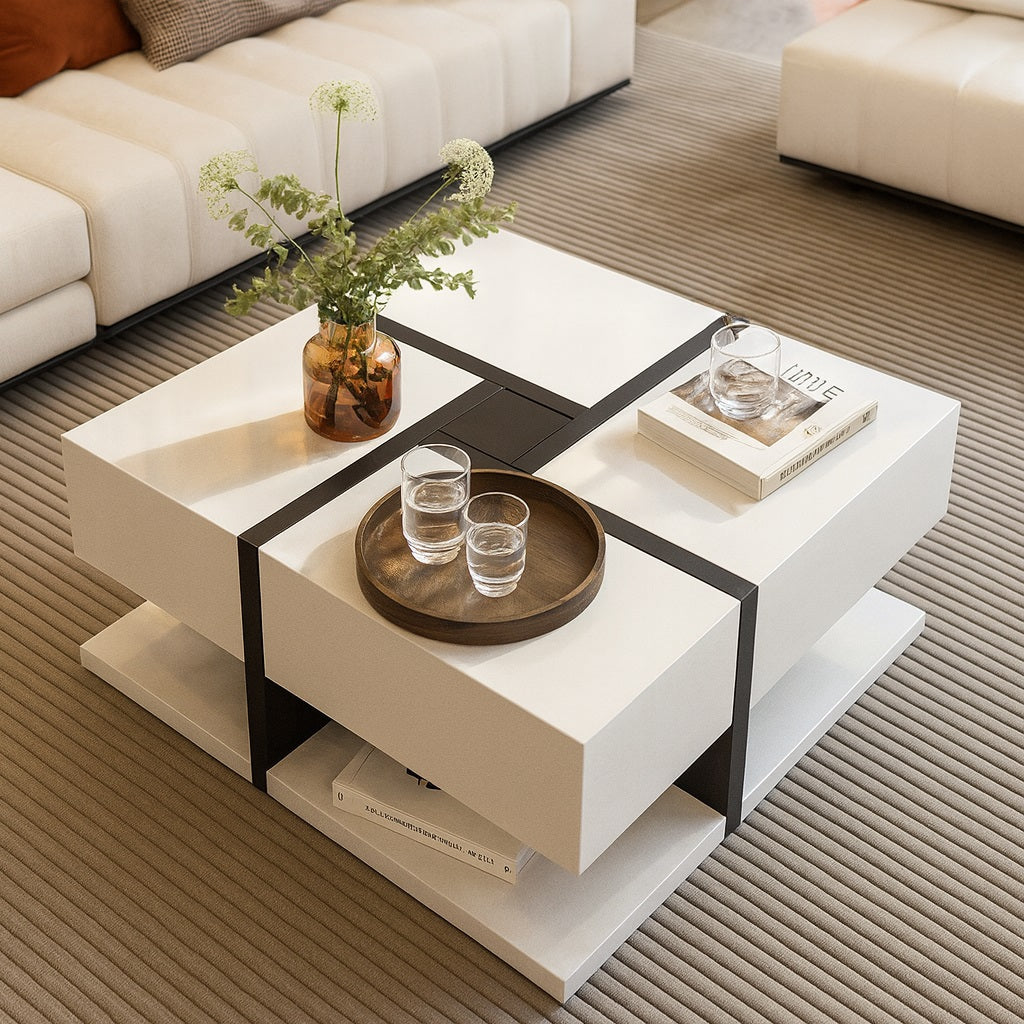 Table basse design Axis avec rangements discrets, finitions laquées et contraste noir élégant.