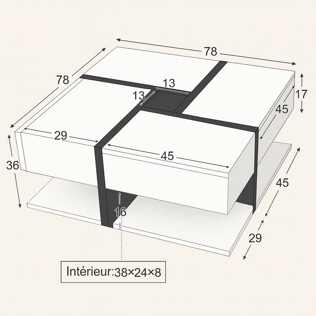 Dimensions détaillées de la table basse design Axis avec rangement et structure géométrique.
