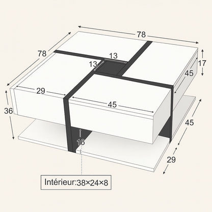 Dimensions détaillées de la table basse design Axis avec rangement et structure géométrique.