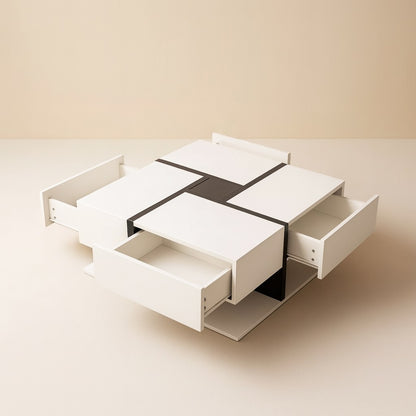 Table basse design Axis avec quatre tiroirs ouverts offrant un grand espace de rangement.