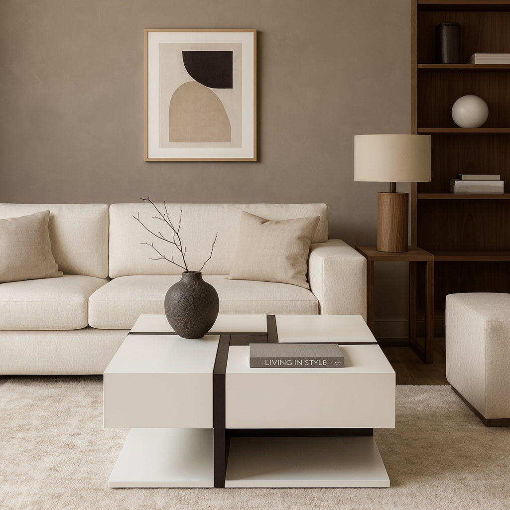 Table basse design Axis mise en scène dans un salon moderne avec rangement intégré.