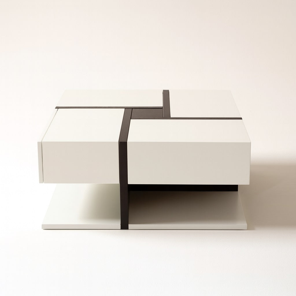 Table basse design Axis blanche avec structure noire et rangement intégré moderne.