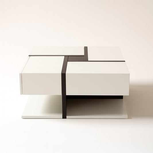 Table basse design Axis blanche avec structure noire et rangement intégré moderne.