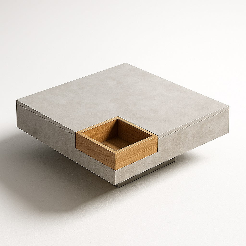 Vue d’angle d’une table basse design en bois clair et béton, mobilier moderne épuré.