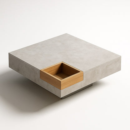 Vue d’angle d’une table basse design en bois clair et béton, mobilier moderne épuré.